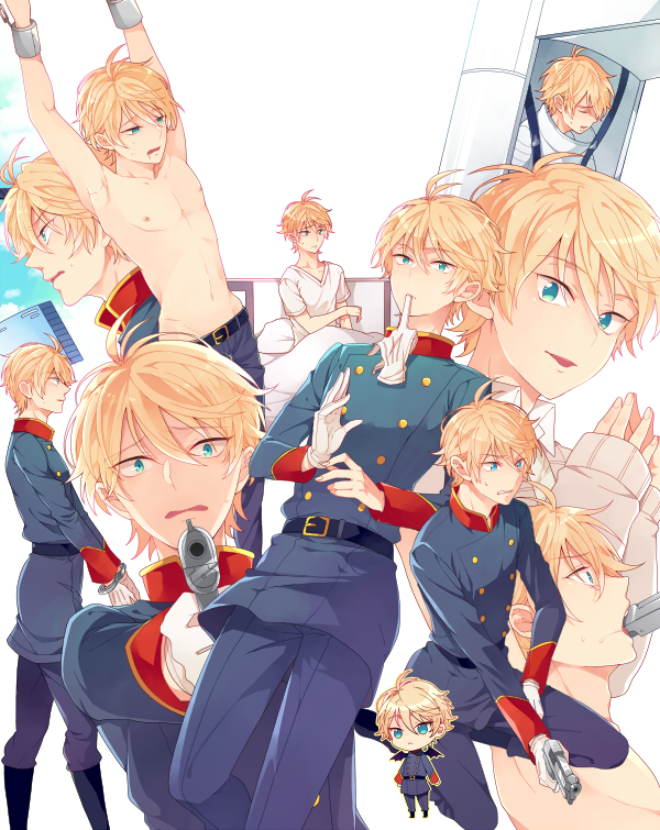 aldnoah.zero astronaut blonde_hair blue_eyes chibi cuffs gun handcuffs harugano military military_uniform multiple_persona slaine_troyard uniform weapon