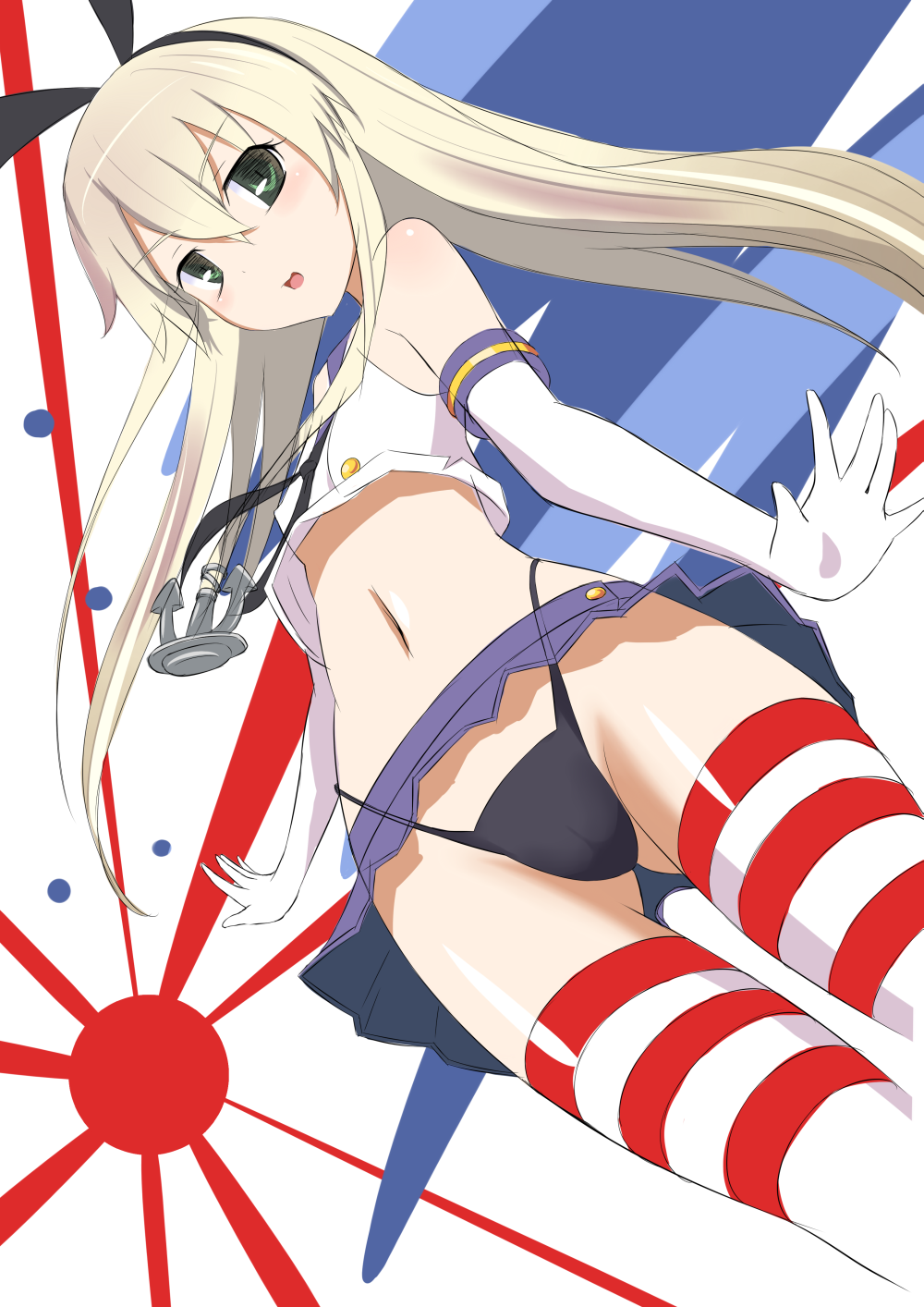 1girl anchor_hair_ornament bare_shoulders black_panties blonde_hair destroyer elbow_gloves from_below gloves green_eyes hair_ornament hairband highleg highleg_panties highres kantai_collection long_hair looking_at_viewer miniskirt open_mouth panties rising_sun shimakaze_(kantai_collection) ship skirt solo striped striped_legwear sunburst sygh thigh-highs underwear warship white_gloves wind_lift