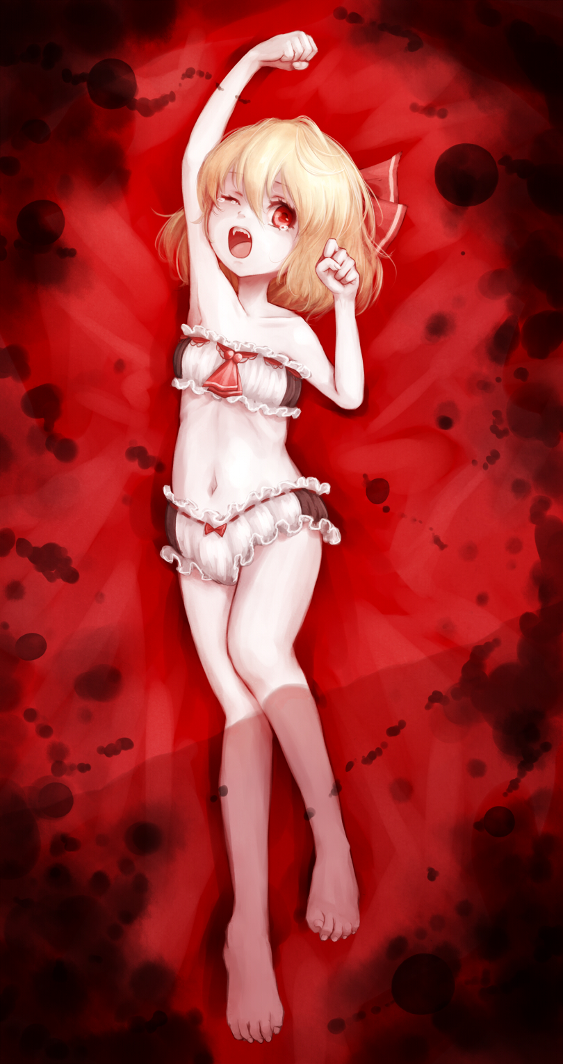 1girl alternate_costume bare_legs blonde_hair cinderella_bust highres hoshibuchi looking_at_viewer lying midriff on_back one_eye_closed red_eyes rumia short_hair skinny small_breasts touhou yawning