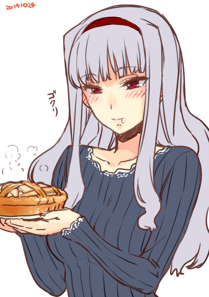 1girl blush drooling food grey_hair headband idolmaster long_hair pastry pie red_eyes saliva shijou_takane smile solo sumeragi_kohaku