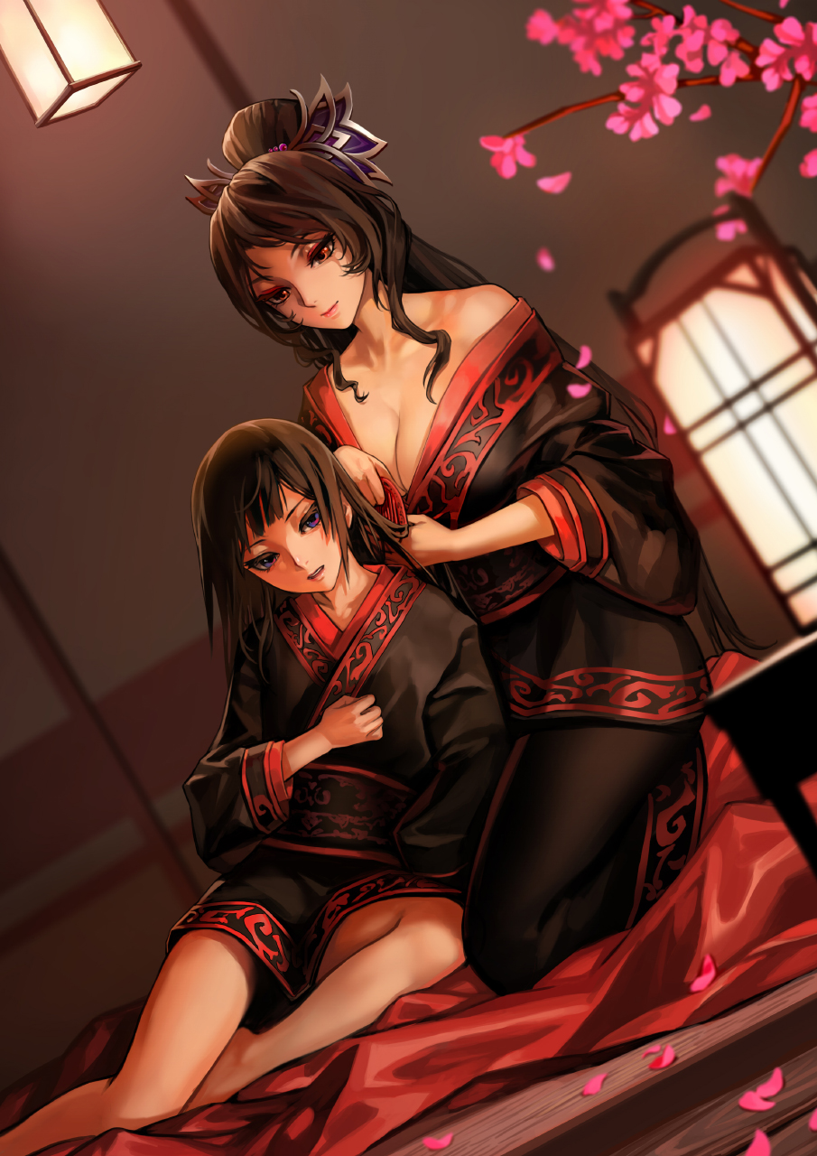 2girls as109 bangs breasts cleavage combing dutch_angle highres japanese_clothes kimono lantern long_hair multiple_girls off_shoulder petals red_eyes sitting
