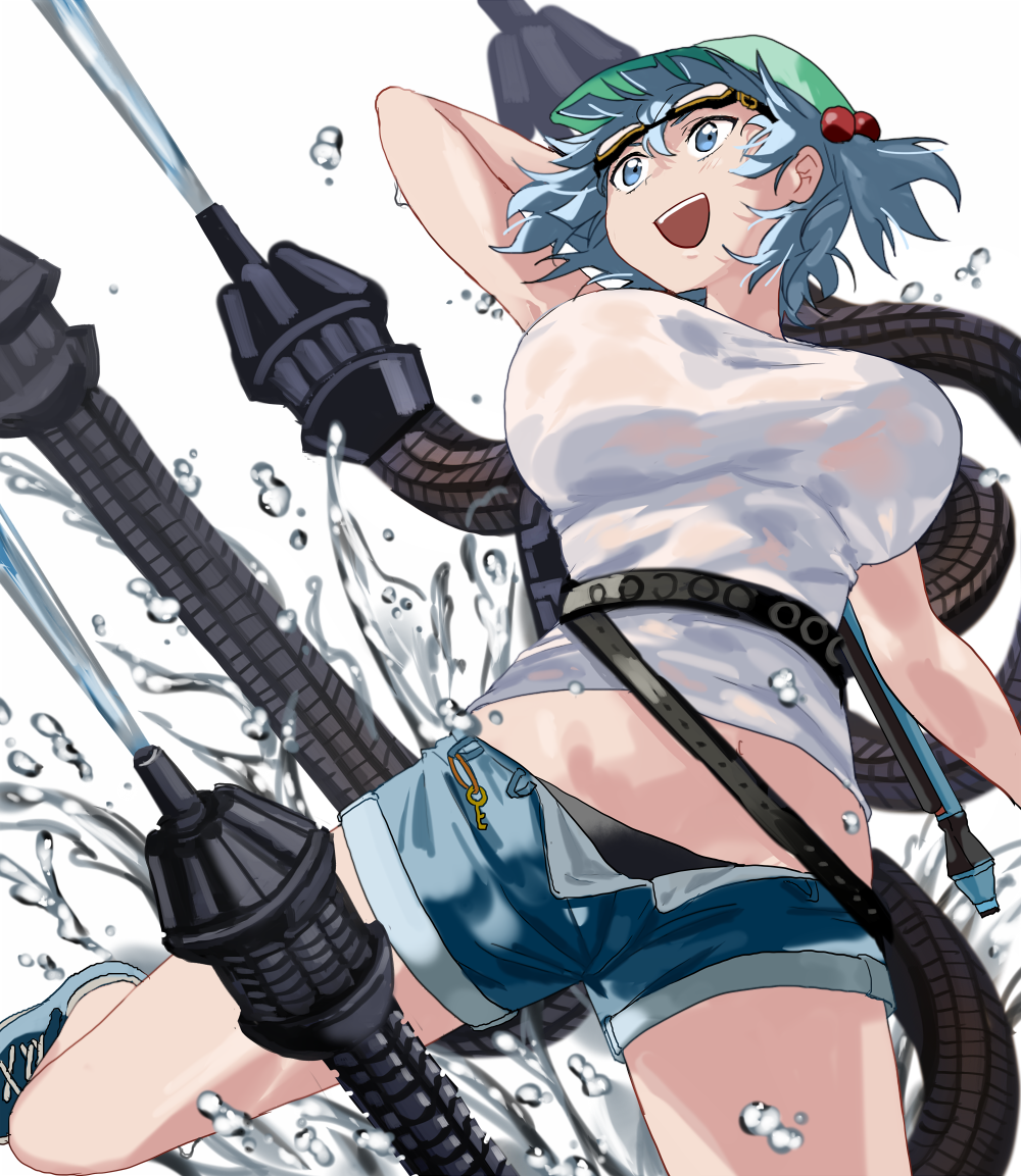 1girl bare_legs black_panties blue_eyes blue_footwear blue_hair blue_shorts blush breasts commentary cross-laced_footwear denim denim_shorts foot_out_of_frame from_below goggles goggles_on_head green_headwear hair_bobbles hair_ornament hat kawashiro_nitori large_breasts mechanical_tentacles medium_hair midriff navel okbnkn open_fly open_mouth panties science_fiction shirt shoes short_shorts shorts simple_background smile solo touhou twintails underwear water water_drop water_gun wet wet_clothes wet_shirt white_background white_shirt