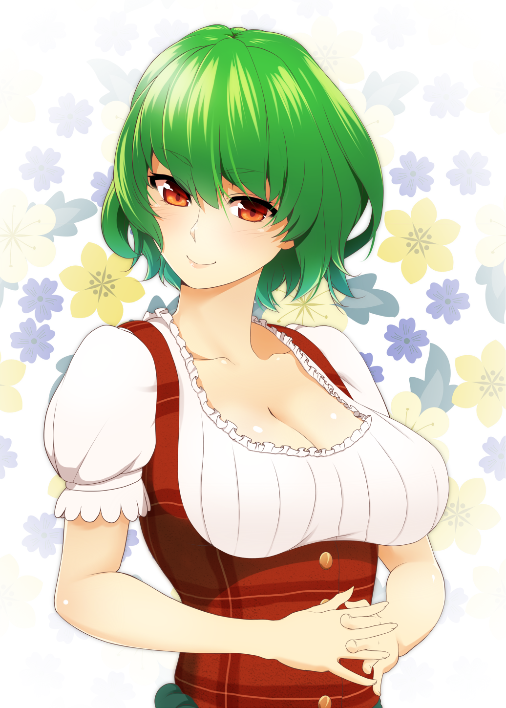 1girl adapted_costume breasts cleavage collarbone dirndl floral_background german_clothes green_hair hands_clasped highres interlocked_fingers kazami_yuuka large_breasts looking_at_viewer looking_to_the_side mattari_yufi plaid red_eyes short_hair short_sleeves smile solo touhou upper_body