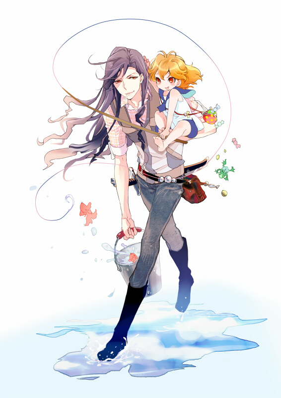 1boy 1girl bucket carrying child father_and_daughter fish fishing_rod isi88 lina's_father lina_inverse long_hair orange_hair red_eyes slayers younger