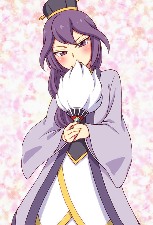 1girl blush chinese_clothes inazuma_eleven_(series) inazuma_eleven_go inazuma_eleven_go_chrono_stone long_hair looking_at_viewer maron_(quintet_colors) purple_hair solo violet_eyes zhuge_kongming_(inazuma_eleven)