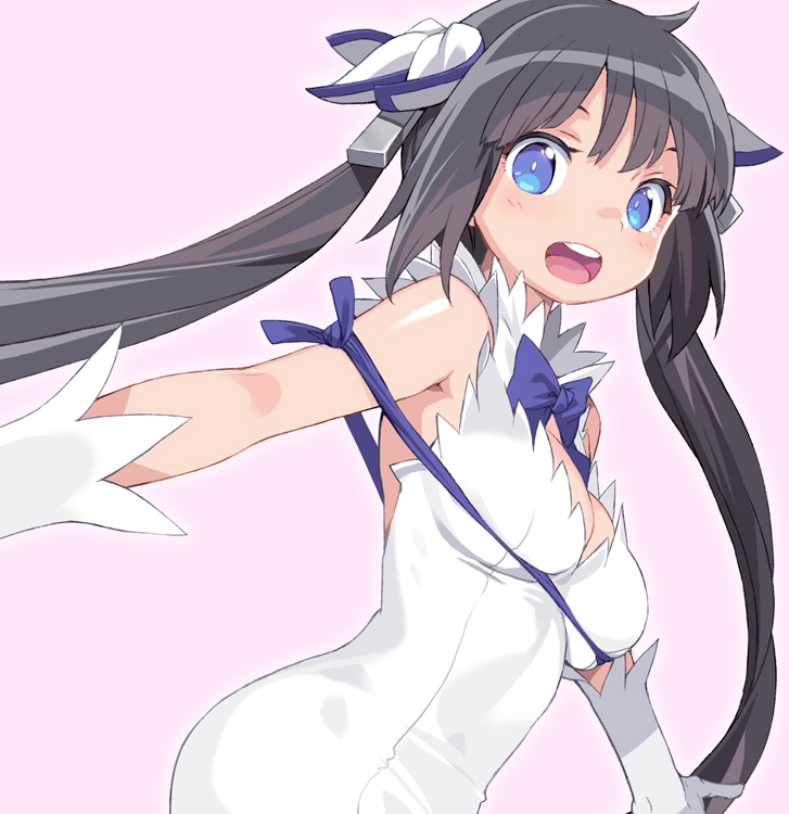 1girl black_hair blue_eyes breasts cleavage dress dungeon_ni_deai_wo_motomeru_no_wa_machigatteiru_darou_ka gloves hair_ornament hair_ribbon hestia_(danmachi) long_hair rei_no_himo ribbon shunin smile solo twintails