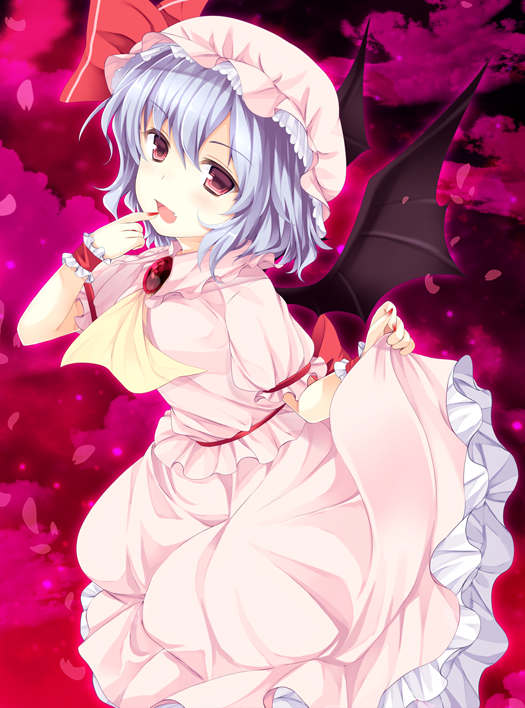 1girl ajiriko ascot bat_wings blue_eyes brooch dress fang finger_to_mouth hat hat_ribbon jewelry looking_at_viewer mob_cap open_mouth pink_dress pink_eyes puffy_short_sleeves puffy_sleeves remilia_scarlet ribbon short_sleeves smile solo touhou wings wrist_cuffs