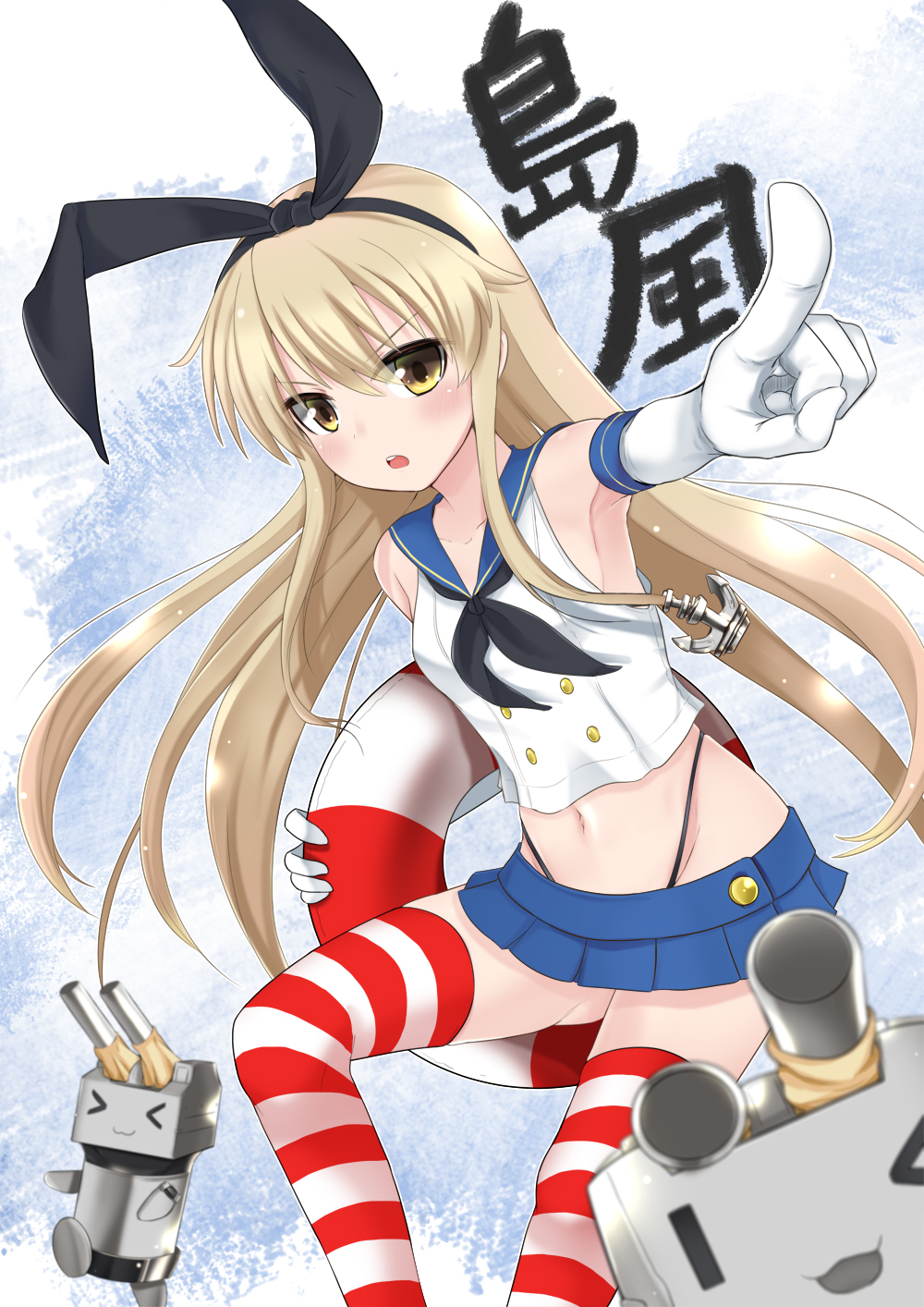 1girl anchor_hair_ornament bare_shoulders blonde_hair blue_skirt bow brown_eyes crop_top elbow_gloves gloves hair_bow hair_ornament hairband highleg highres kantai_collection lifebuoy long_hair looking_at_viewer microskirt mint_(cerbi) neckerchief open_mouth pleated_skirt pointing pointing_at_viewer rensouhou-chan sailor_collar shimakaze_(kantai_collection) skirt striped striped_legwear thigh-highs white_gloves