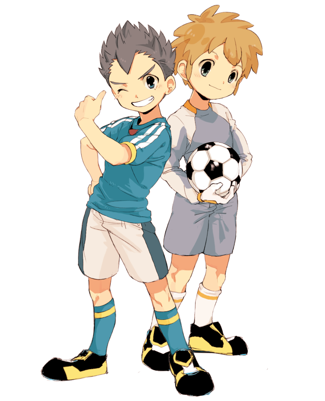 2boys ball brown_hair full_body gloves grin ieiieiiei inazuma_eleven inazuma_eleven_(series) inazuma_japan male_focus multiple_boys one_eye_closed short_hair simple_background smile soccer_ball soccer_uniform sportswear standing tachimukai_yuuki telstar utsunomiya_toramaru white_background