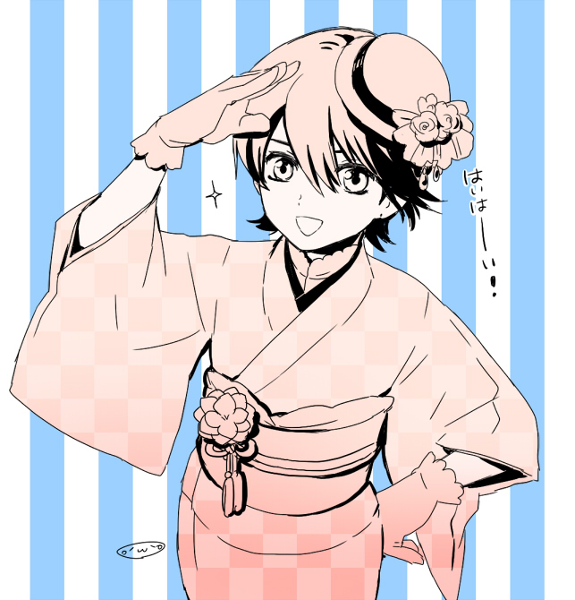 1boy gloves hat horikawa_kunihiro japanese_clothes kimono looking_at_viewer male_focus mizuhara_aki monochrome open_mouth short_hair solo sparkle touken_ranbu