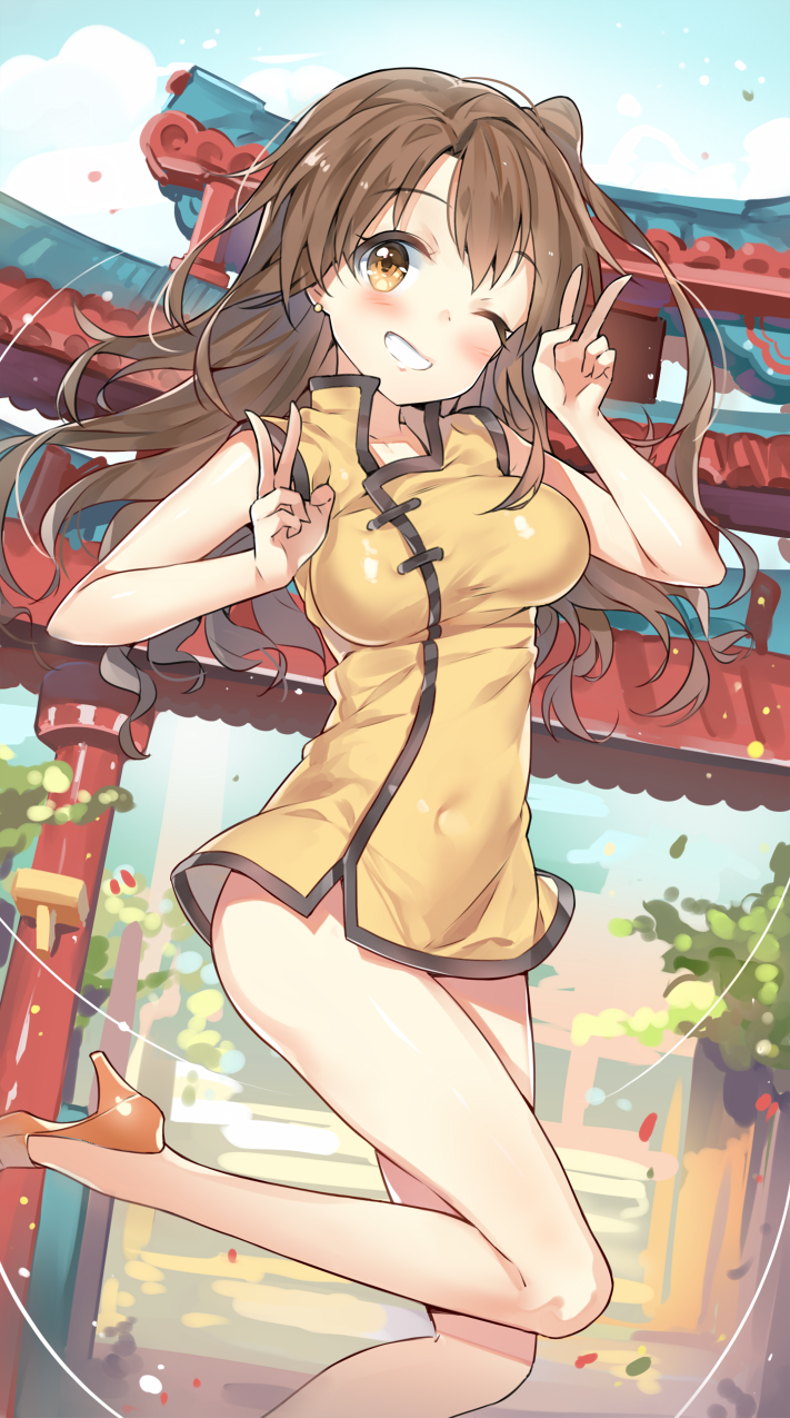 1girl bare_legs blush breasts brown_eyes brown_hair china_dress chinese_clothes covered_navel cozyquilt double_v earrings grin high_heels highres idolmaster idolmaster_cinderella_girls jewelry large_breasts long_hair looking_at_viewer one_eye_closed shimamura_uzuki side_ponytail smile solo torii v