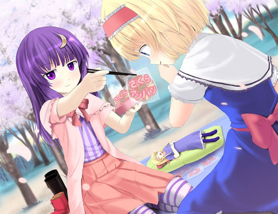 2girls a_(aaaaaaaaaaw) alice_margatroid bag blanket blonde_hair blue_eyes boots_removed bread capelet cherry_blossoms chopsticks dress dutch_angle food giving grass hairband hand_on_own_face lolita_hairband long_hair looking_at_another multiple_girls no_hat outdoors pantyhose patchouli_knowledge picnic purple_hair ribbon robe seiza shanghai_doll shirt short_hair short_sleeves sitting skirt smile striped striped_legwear striped_shirt touhou tree violet_eyes