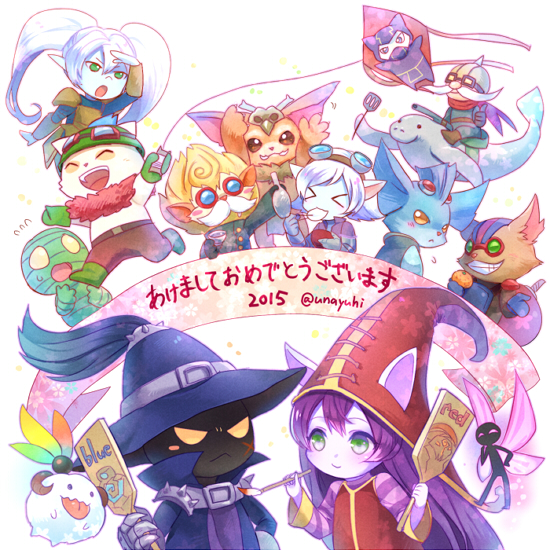&gt;_&lt; 3girls 6+boys :&lt; :p ^_^ amumu animal_ears armor blonde_hair blue_hair blush blush_stickers bomb bottle calligraphy_brush chopsticks closed_eyes corki eating face_painting facial_hair fairy fangs food fruit gauntlets gnar_(league_of_legends) goggles goggles_on_head green_eyes grin hagoita hamamo hanetsuki hat heimerdinger helmet horns kennen kite league_of_legends long_hair lulu_(league_of_legends) mandarin_orange mittens mochi multiple_boys multiple_girls mummy mustache open_mouth paddle paintbrush pix pointy_ears poppy poro_(league_of_legends) purple_hair purple_skin rumble_(league_of_legends) sake_bottle smile spatula sweatdrop teemo tongue tongue_out tristana twintails urf veigar wagashi wavy_mouth wings witch_hat wizard_hat yellow_eyes yordle ziggs