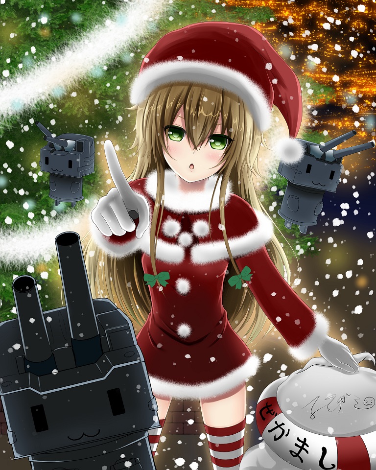 1girl amagami_(makise_tsubaki) blonde_hair character_name christmas_tree green_eyes hat kantai_collection long_hair looking_at_viewer open_mouth pointing pointing_up rensouhou-chan santa_costume santa_hat shimakaze_(kantai_collection) snowing striped striped_legwear thigh-highs zettai_ryouiki