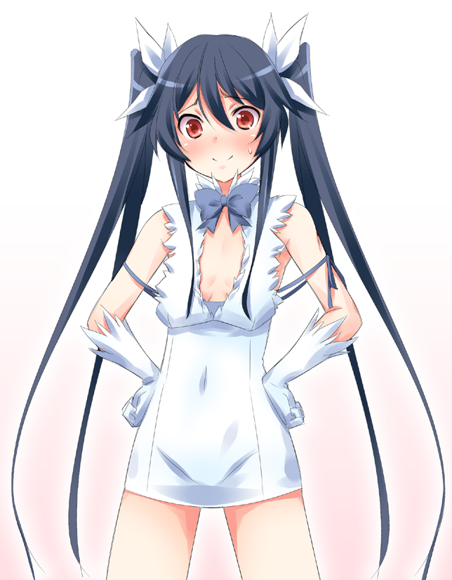 1girl black_hair blush cosplay covered_navel dungeon_ni_deai_wo_motomeru_no_wa_machigatteiru_darou_ka flat_chest gloves hair_ribbon hands_on_hips hestia_(danmachi) hestia_(danmachi)_(cosplay) kaneda_mitsuko long_hair ore_twintail_ni_narimasu red_eyes rei_no_himo ribbon smile solo tsube_aika twintails white_gloves