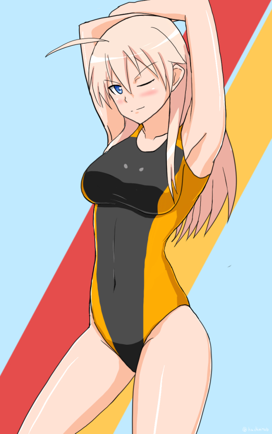 1girl arms_up blonde_hair blue_eyes competition_swimsuit hachimitsu-b hanna-justina_marseille long_hair one-piece_swimsuit one_eye_closed strike_witches swimsuit