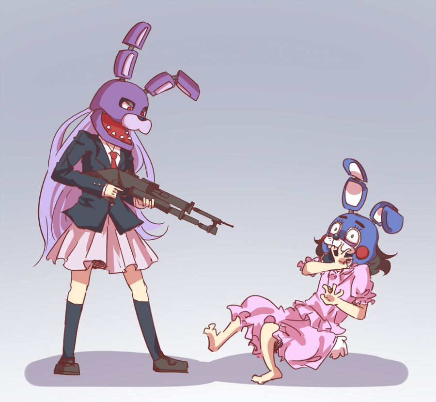 2girls animal_head black_hair bonnie_(fnaf) crossover dress five_nights_at_freddy's five_nights_at_freddy's_2 gun guuchama inaba_tewi long_hair multiple_girls necktie pink_dress purple_hair reisen_udongein_inaba rifle scared skirt suit_jacket touhou toy_bonnie weapon