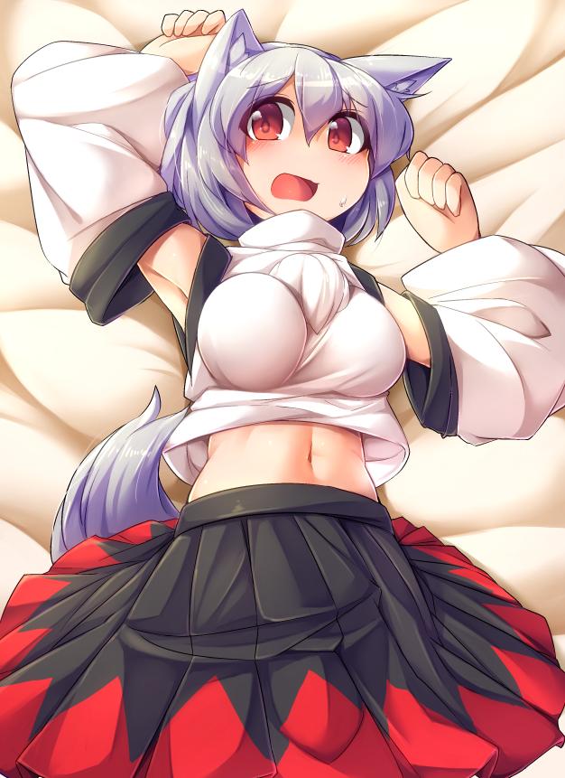 1girl animal_ears blush breasts detached_sleeves fun_bo inubashiri_momiji large_breasts looking_at_viewer lying navel on_back open_mouth red_eyes short_hair silver_hair skirt solo tail touhou wolf_ears wolf_tail