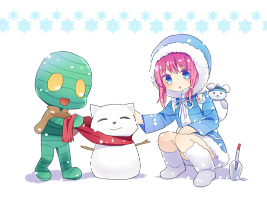 1boy 1girl :3 amumu annie_hastur blue_eyes boots hamamo hooded_jacket league_of_legends mummy open_mouth pink_hair scarf snow snowflakes snowing snowman squatting teemo tibbers trowel yellow_eyes