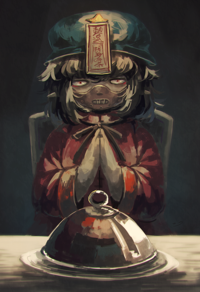 1girl beret black_hair chair face_mask hannibal_lecter hat inari_(flandoll-scarlet-devil) jiangshi mask miyako_yoshika ofuda plate praying red_eyes shirt short_hair sitting solo table the_silence_of_the_lambs touhou