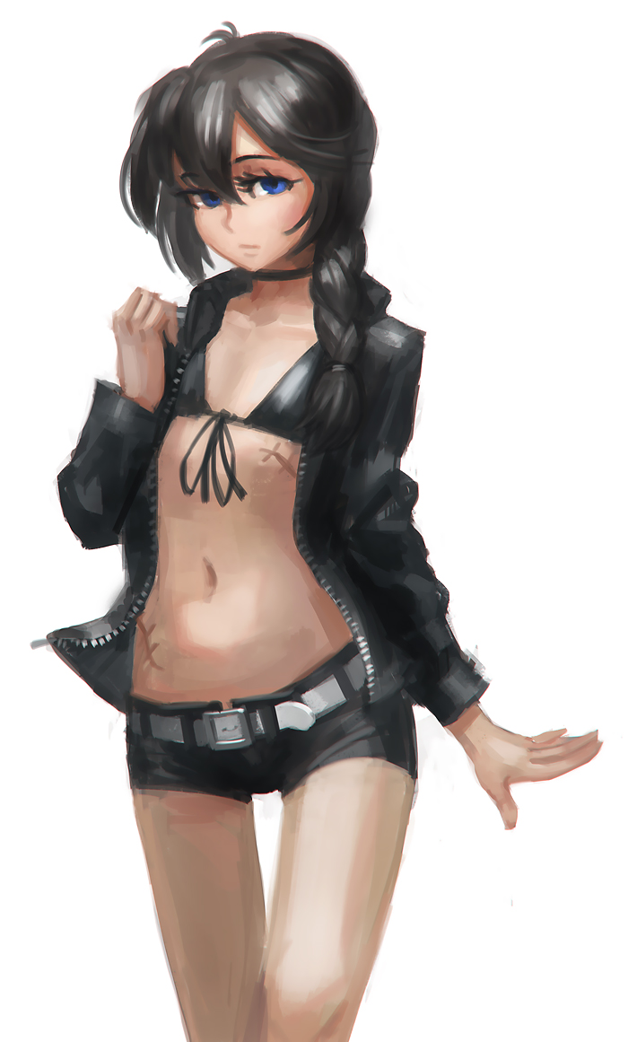 1girl alternate_hairstyle bikini_top black_hair black_rock_shooter black_rock_shooter_(character) blue_eyes braid choker cowboy_shot doyora flat_chest front-tie_bikini front-tie_top hair_over_shoulder long_hair midriff scar short_shorts shorts single_braid solo