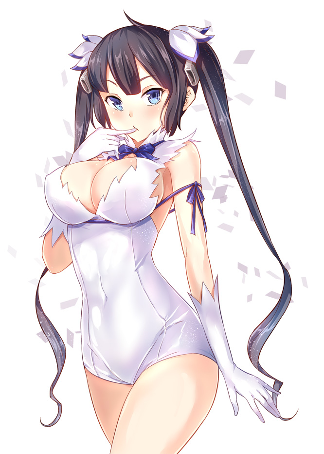 1girl arm_ribbon asle black_hair blue_eyes breasts cleavage dress dungeon_ni_deai_wo_motomeru_no_wa_machigatteiru_darou_ka gloves hair_ornament hestia_(danmachi) long_hair rei_no_himo ribbon solo twintails white_dress