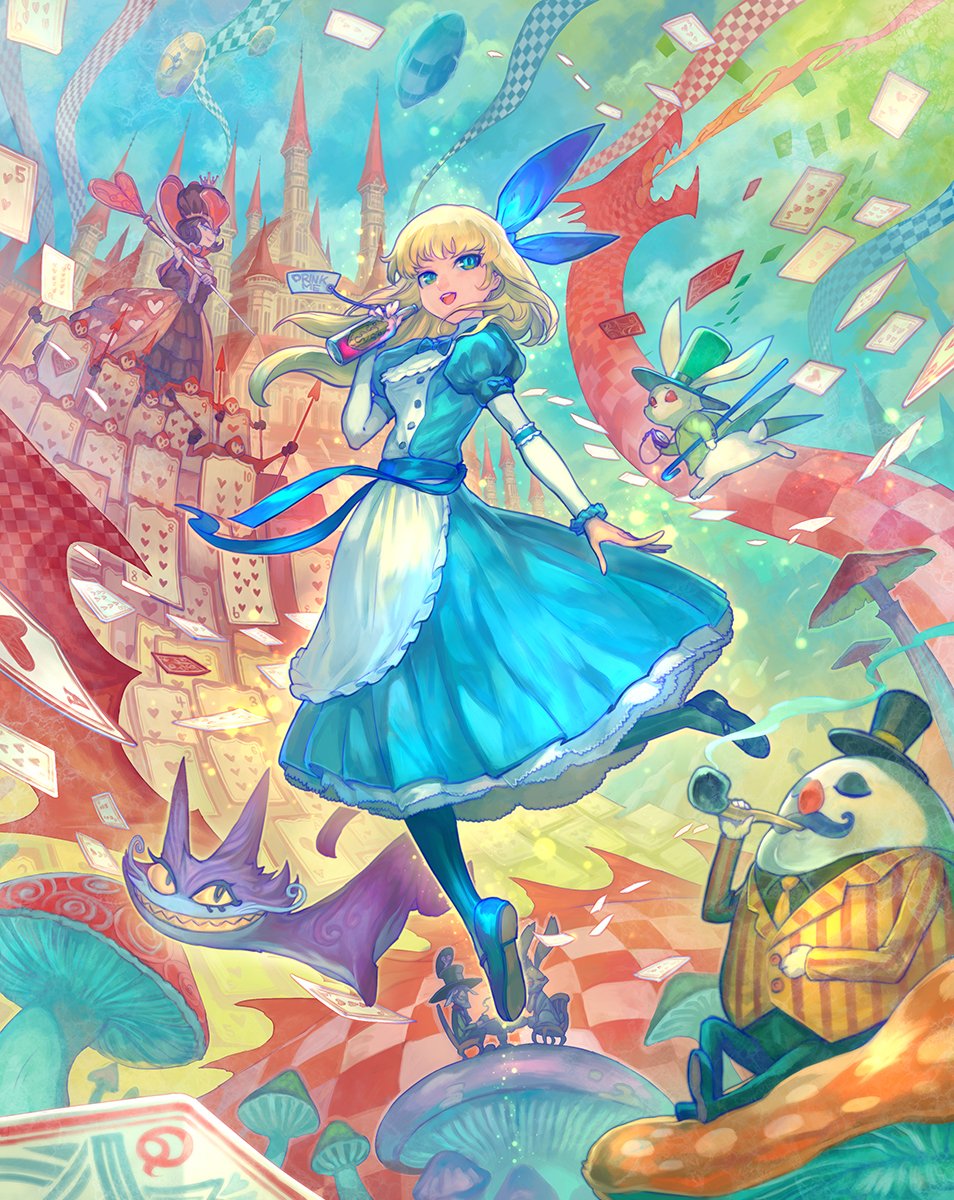 :d alice_(wonderland) alice_in_wonderland bangs blonde_hair blue_bow blue_dress blue_legwear blue_shoes blue_sky bow breathing_fire buttons cane card castle cat checkered cheshire_cat closed_eyes clouds coattails crown dirigible dress drinking facial_hair fantasy fire flipped_hair frilled_dress frills from_below green_hat green_jacket green_shirt grin hair_bow hat heart high_collar highres holding holding_bottle jabberwock jacket lack long_hair long_sleeves looking_away mad_hatter march_hare mary_janes mushroom mustache necktie no_nose open_hand open_mouth playing_card pocket_watch polearm puffy_sleeves queen_of_hearts rabbit red_eyes red_nose shirt shoes sitting sky smile smoking_pipe spear staff table top_hat vertical_stripes watch weapon white_rabbit wind yellow_eyes yellow_jacket