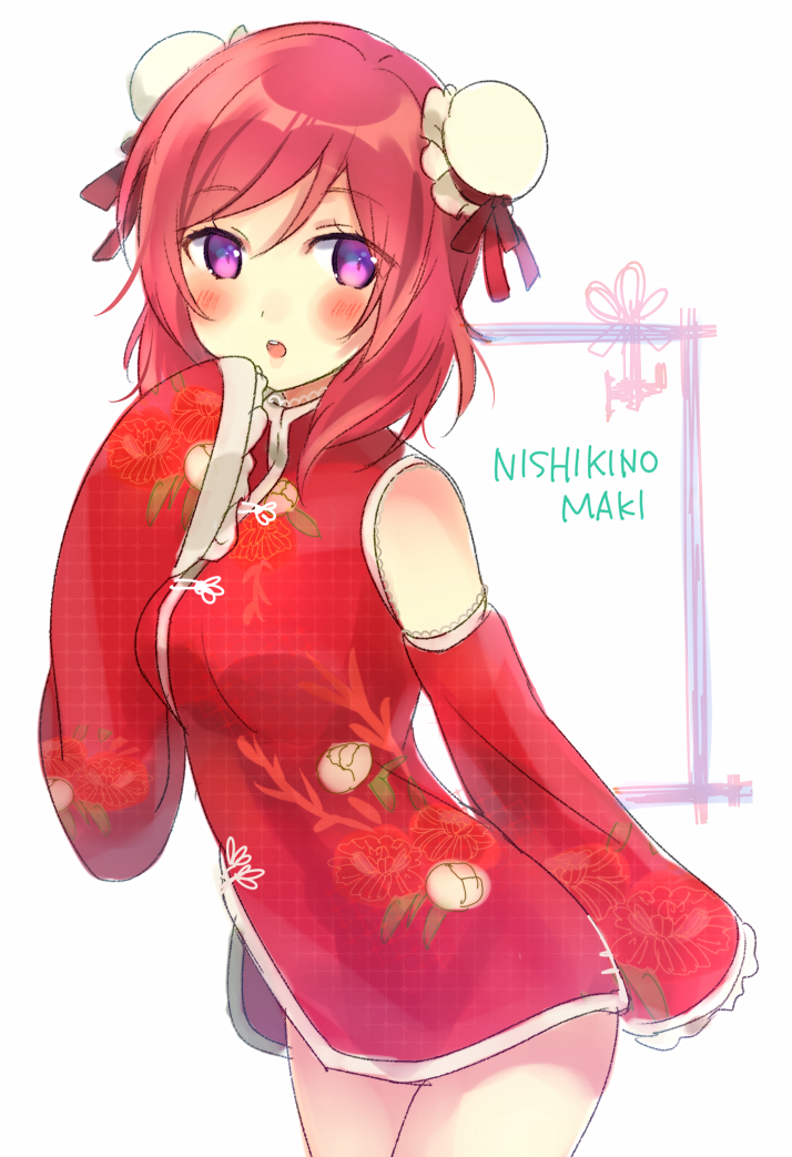 arm_warmers blush chinese_dress hair_buns love_live!_school_idol_project nishikino_maki purple_eyes redhead short_hair shy