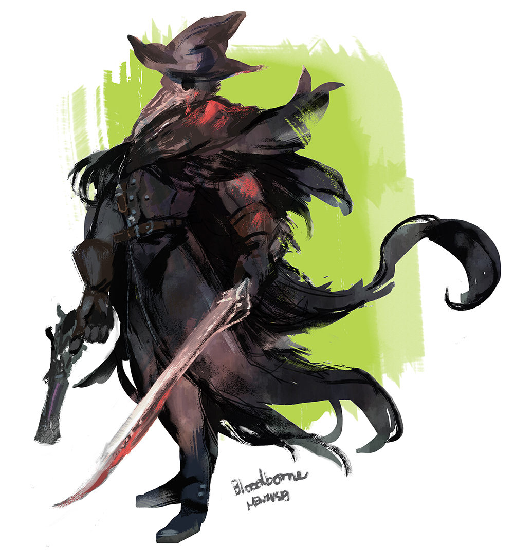 1girl black_boots black_gloves bloodborne boots cape copyright_name dual_wielding eileen_the_crow feathers full_body gloves gun hat holding mask meniusa plague_doctor solo standing sword weapon