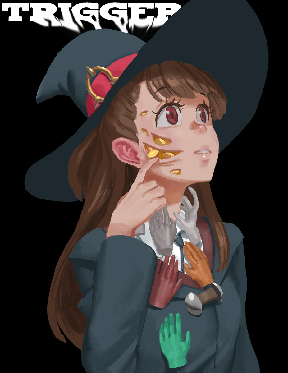 1girl akko_kagari bangs brown_hair coin disembodied_limb doyora hands hat highres little_witch_academia long_hair solo trigger_(company) violet_eyes what witch_hat