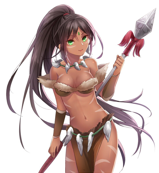 1girl brown_hair dark_skin fang_necklace forehead_jewel green_eyes hamamo league_of_legends long_hair looking_at_viewer midriff navel nidalee polearm ponytail solo spear tribal_tattoo weapon
