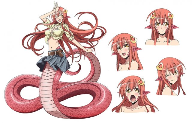 1girl breasts cleavage facial_expressions full_body hair_ornament hairclip lamia long_hair midriff miia_(monster_musume) monster_girl monster_musume_no_iru_nichijou navel official_art one_eye_closed pointy_ears redhead scales shirt simple_background slit_pupils smile snake_tail solo tied_shirt v very_long_hair white_background yellow_eyes