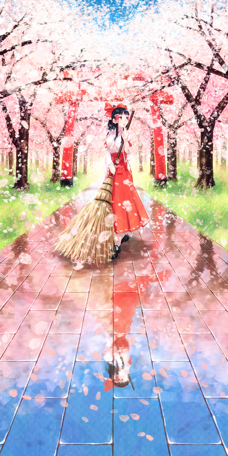 1girl backlighting black_eyes black_hair black_shoes blue_sky blurry bow breasts broom cherry_blossoms depth_of_field detached_sleeves forest grass hair_bow hair_tubes hakama_skirt hakurei_reimu highres long_hair long_skirt lonsdaleite looking_to_the_side looking_up nature outdoors oversized_object parted_lips pavement petals red_hakama reflective_floor ribbon-trimmed_skirt ribbon-trimmed_sleeves ribbon_trim shoes skirt sky socks solo spring_(season) torii touhou tree