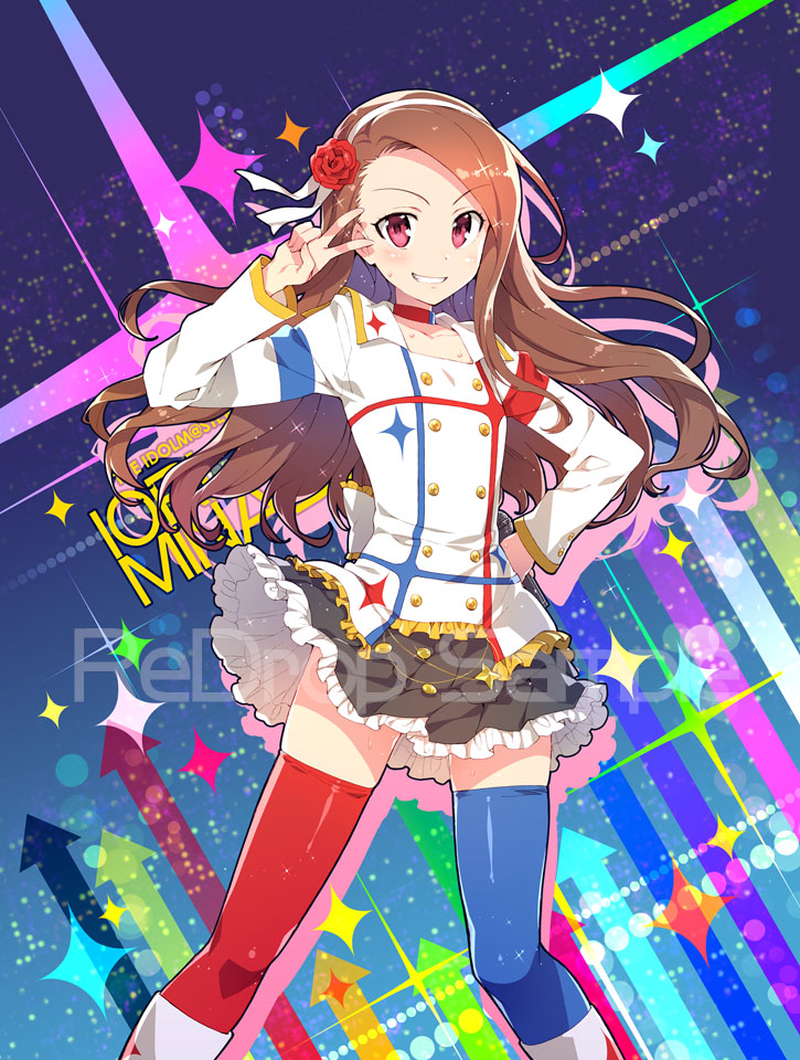 1girl :d blush brown_eyes brown_hair flower hair_flower hair_ornament hand_on_hip idolmaster idolmaster_movie long_hair minase_iori open_mouth red_eyes redrop sample skirt smile solo starpiece_memories thigh-highs v