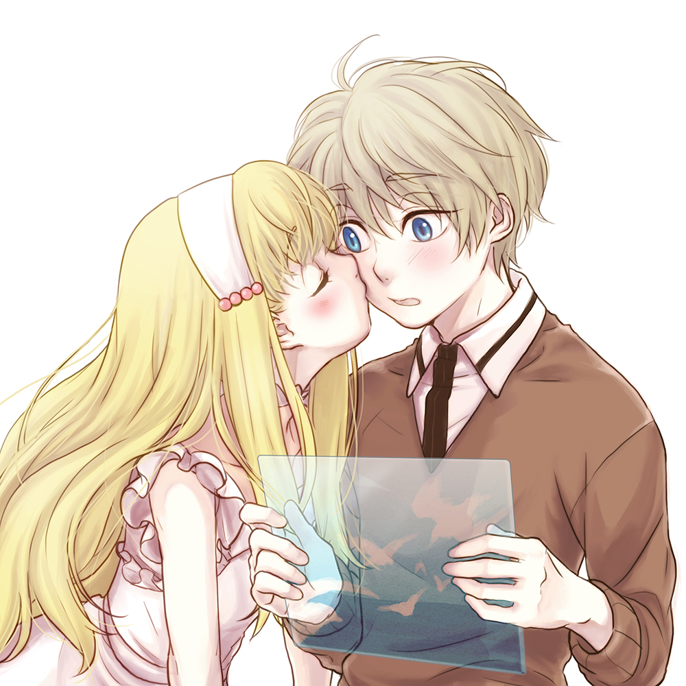 1boy 1girl aldnoah.zero asseylum_vers_allusia blonde_hair blue_eyes blush cheek_kiss kiss nana_(t-a-f) silver_hair slaine_troyard younger