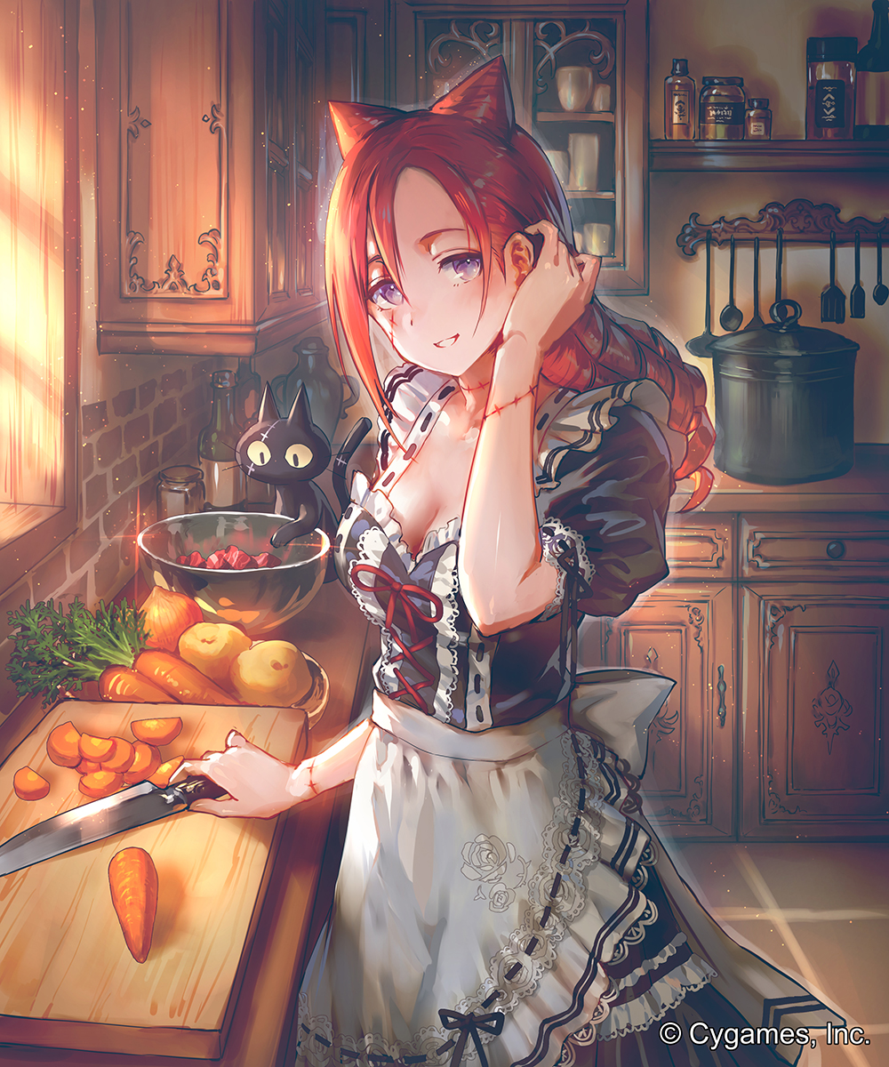 1girl apron black_cat black_dress bottle bowl breasts brick_wall brown_hair cabinet carrot cat ceres_(shingeki_no_bahamut) company_name cutting_board dress facial_scar food from_side hair_between_eyes head_tilt highres indoors jar kitchen knife long_hair looking_at_viewer medium_breasts official_art okada_manabi onion parted_lips pot potato puffy_short_sleeves puffy_sleeves ribbon-trimmed_clothes ribbon_trim scar shingeki_no_bahamut short_sleeves smile spatula standing sunlight tile_floor tiles violet_eyes waist_apron watermark white_apron yellow_sclera