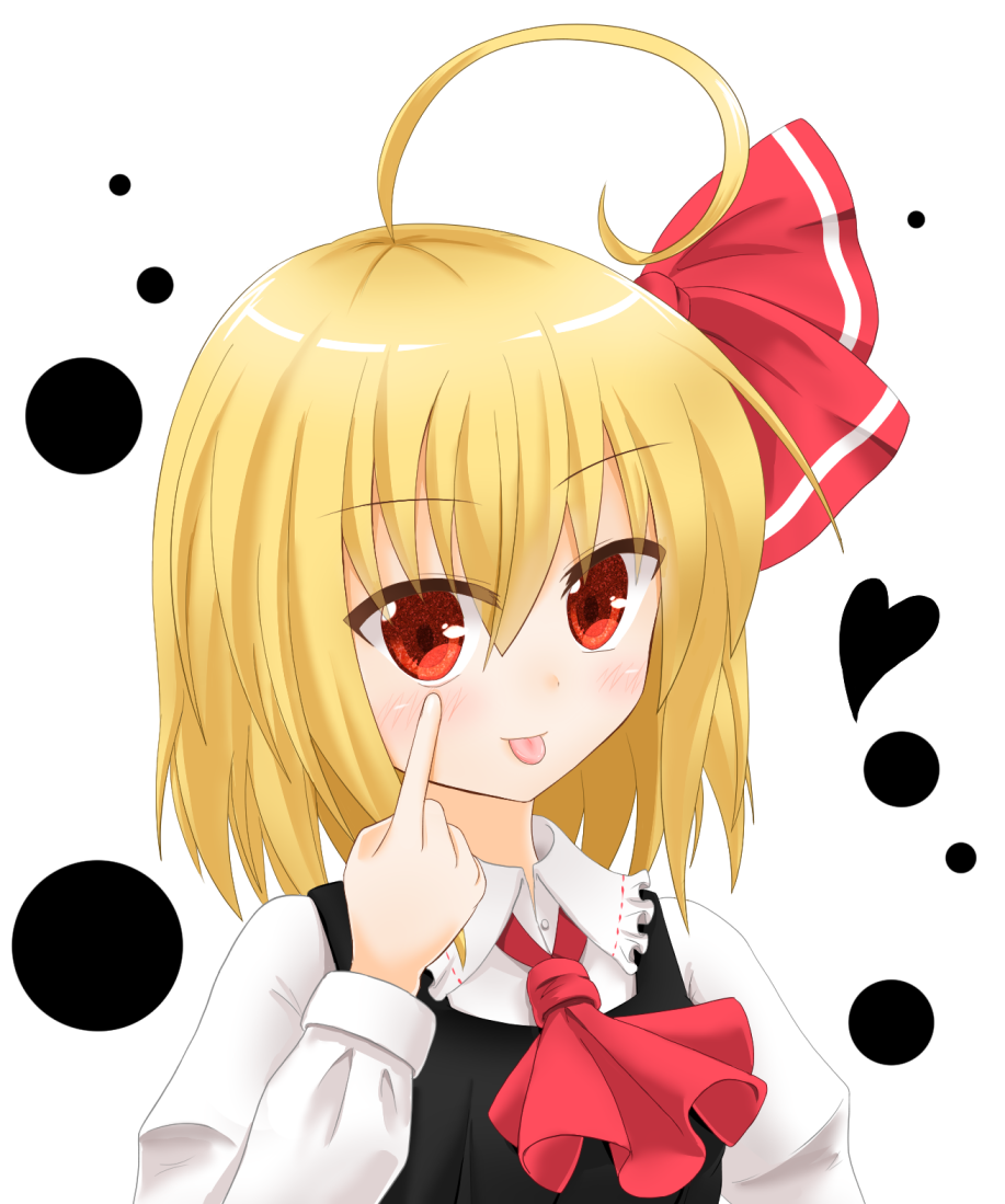 1girl :p ahoge black_dress blonde_hair bow commentary_request dress hair_between_eyes hair_bow heart long_sleeves red_bow red_eyes rumia short_hair simple_background solo tongue tongue_out touhou white_background yamato_tachibana