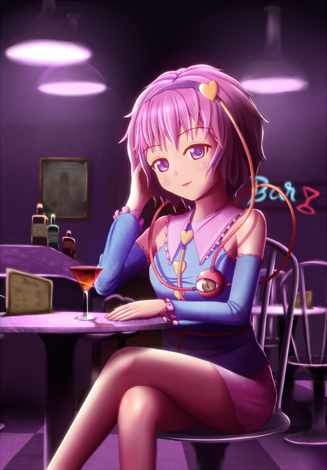 1girl adapted_costume aletto-mikan arm_rest bar bare_legs bare_shoulders blouse bottle ceiling_light chair cocktail_glass contemporary crossed_legs detached_sleeves hairband hand_in_hair heart komeiji_satori light_smile lips looking_at_viewer miniskirt neon_lights photo_(object) pink_hair short_hair sitting skirt solo table third_eye touhou violet_eyes