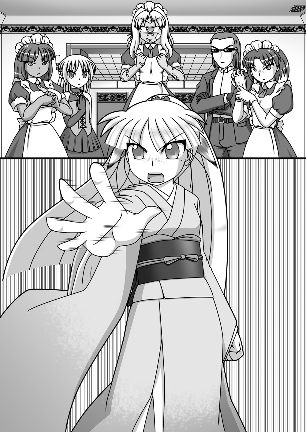 1boy 5girls aiina_foxrider bandaid bandaid_on_face bandaid_on_nose black_gloves business_suit comic coru crossed_arms cuey_c_lops cyclops dress elbow_gloves elza_straherz gloves highres japanese_clothes kimono maid maid_headdress mifilinah_jegell monochrome multiple_girls obi one-eyed original puffy_short_sleeves puffy_sleeves rakurakutei_ramen sash short_sleeves sunglasses white_gloves