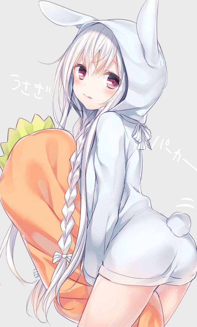 1girl :p animal_ears ass blush braid bunny_tail hair_ribbon hoodie kasu_(return) long_hair looking_back original pillow rabbit_ears ribbon silver_hair simple_background solo tail tongue tongue_out twin_braids violet_eyes