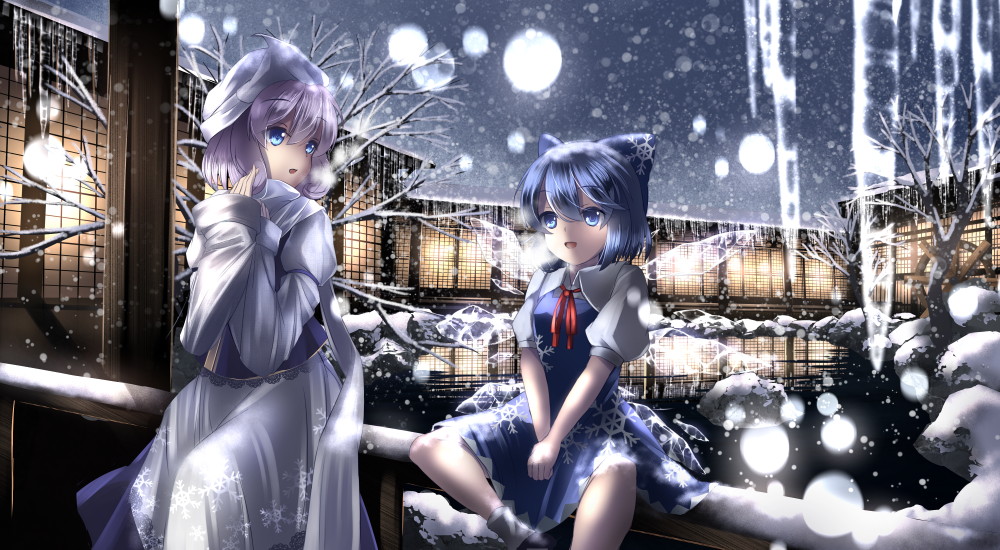 2girls architecture bare_tree blue_eyes blue_hair bow cirno clouds cloudy_sky dress east_asian_architecture hair_bow hat icicle lavender_hair letty_whiterock long_sleeves looking_at_another looking_at_viewer multiple_girls night open_mouth outdoors pengin_(takeoff425) pond puffy_short_sleeves puffy_sleeves railing ribbon rock short_hair short_sleeves sitting sky snowflake_print snowing touhou tree vest wings