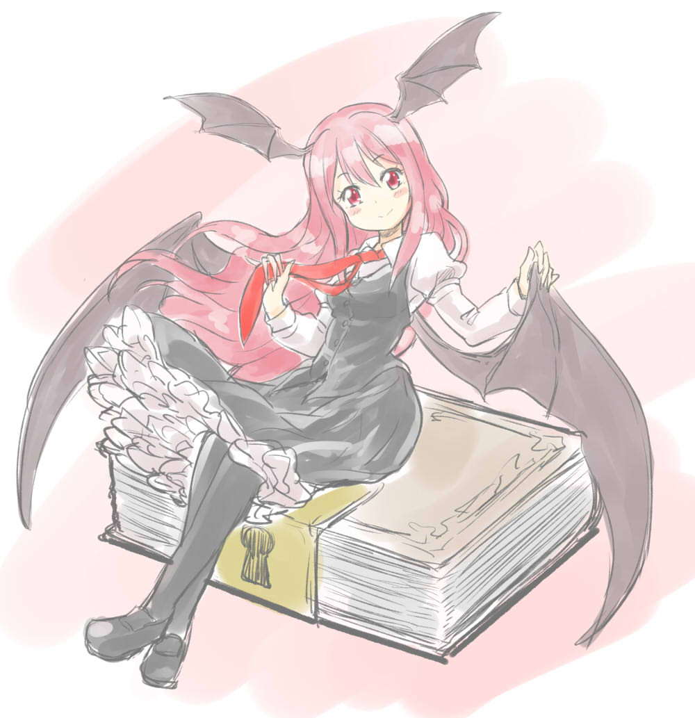 1girl black_legwear book demon_girl demon_wings head_wings juliet_sleeves koakuma long_hair long_sleeves looking_at_viewer minigirl necktie nibi pink_hair puffy_sleeves red_eyes shirt sitting_on_object skirt skirt_set smile solo touhou very_long_hair vest wings