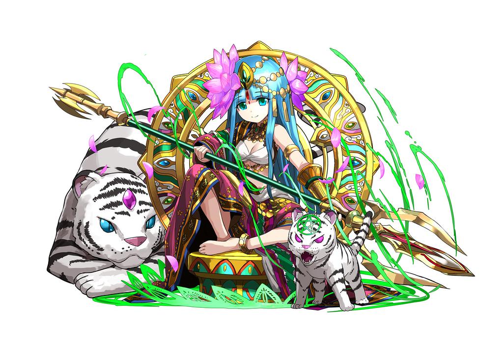 1girl adachi_yousuke animal anklet barefoot blue_eyes blue_hair breasts cauchemar_(p&amp;d) cleavage facial_mark flower forehead_mark hair_flower hair_ornament jewelry large_breasts long_hair lotus official_art parvati_(p&amp;d) polearm puzzle_&amp;_dragons sitting solo tiger weapon white_tiger