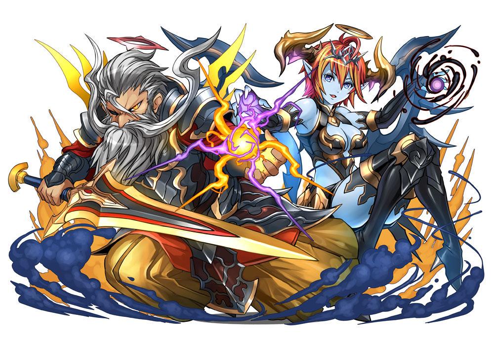 1boy 1girl :d ahoge bangle bare_shoulders beard black_legwear blue_eyes blue_skin bracelet breasts cleavage demon_girl demon_horns demon_wings facial_hair facial_mark heart heart-shaped_pupils hera_(p&amp;d) high_heels horns husband_and_wife jewelry knees_together_feet_apart multicolored_hair official_art open_mouth orange_hair pointy_ears puzzle_&amp;_dragons redhead short_hair simple_background smile streaked_hair sword symbol-shaped_pupils thigh-highs tiara weapon white_background wings youichi zeus_(p&amp;d)