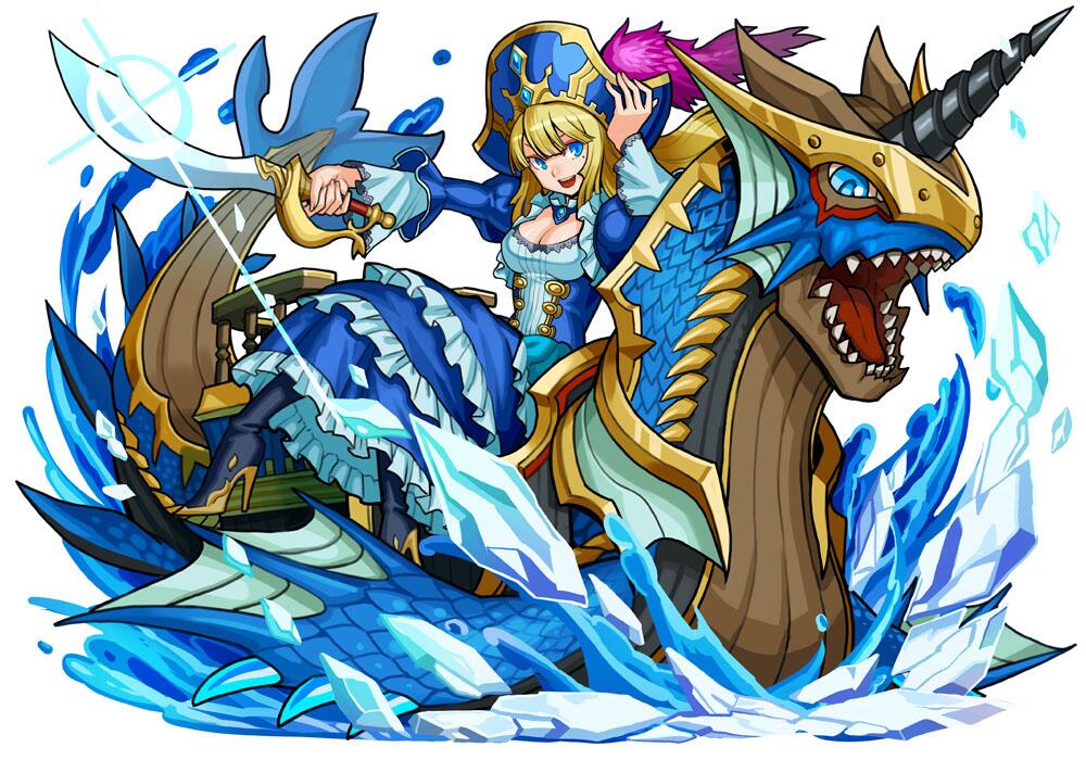 1girl :d awilda_(p&amp;d) blonde_hair blue_eyes breasts cleavage dragon dress feathers full_body hand_on_headwear hat hat_feather high_heels hino_shinnosuke holding_sword holding_weapon long_hair long_sleeves mole mole_under_eye official_art open_mouth pirate pirate_hat puffy_long_sleeves puffy_sleeves puzzle_&amp;_dragons riding scimitar simple_background smile solo sword weapon white_background