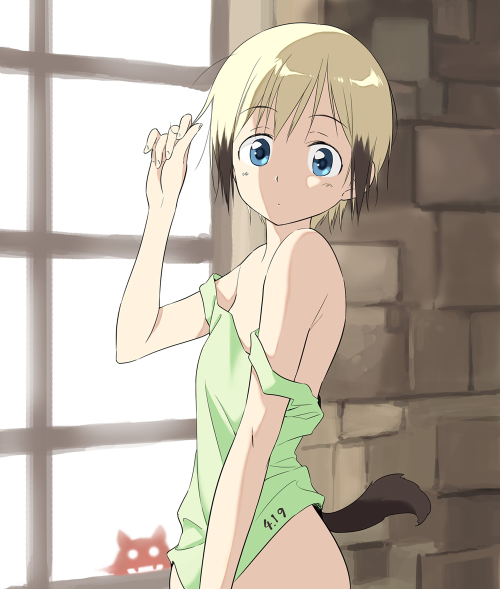 1girl agahari animal_ears bare_shoulders blonde_hair blue_eyes dog_ears dog_tail erica_hartmann looking_at_viewer short_hair solo strike_witches tail tank_top