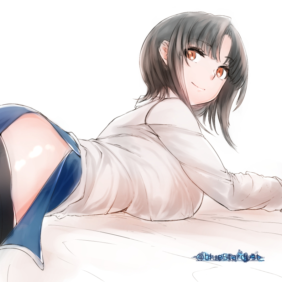 1girl bangs black_hair breast_press breasts kantai_collection kojima_takuro large_breasts light_smile looking_back lying miniskirt on_stomach parted_bangs red_eyes short_hair side_slit simple_background skirt takao_(kantai_collection) thigh-highs white_blouse