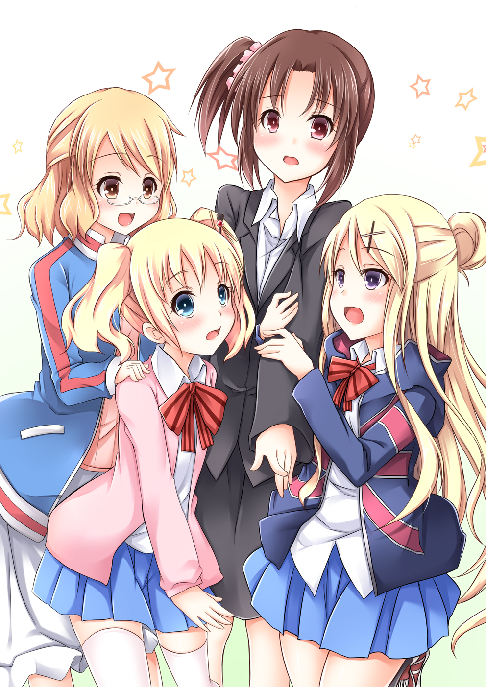 4girls alice_cartelet arm_grab arm_hug blonde_pubic_hair blue_eyes blush brown_eyes brown_hair cardigan formal glasses hair_bun highres jacket karasuma_sakura kin-iro_mosaic kujou_karen kuzehashi_akari long_hair multiple_girls school_uniform shirt short_hair side_ponytail skirt smile suit thigh-highs twintails union_jack violet_eyes