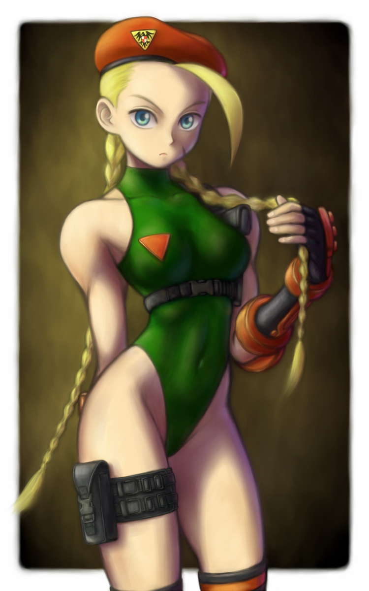 1girl beret blonde_hair blue_eyes braid cammy_white fingerless_gloves gloves gunspike hat highres leotard long_hair revision scar solo street_fighter twin_braids yamada_ichirou