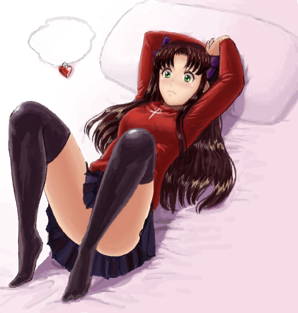 1girl black_hair black_legwear blush fate/stay_night fate_(series) green_eyes hair_ribbon jewelry long_hair lying pillow ribbon skirt solo thigh-highs tohsaka_rin toosaka_rin twintails ultimachaos05